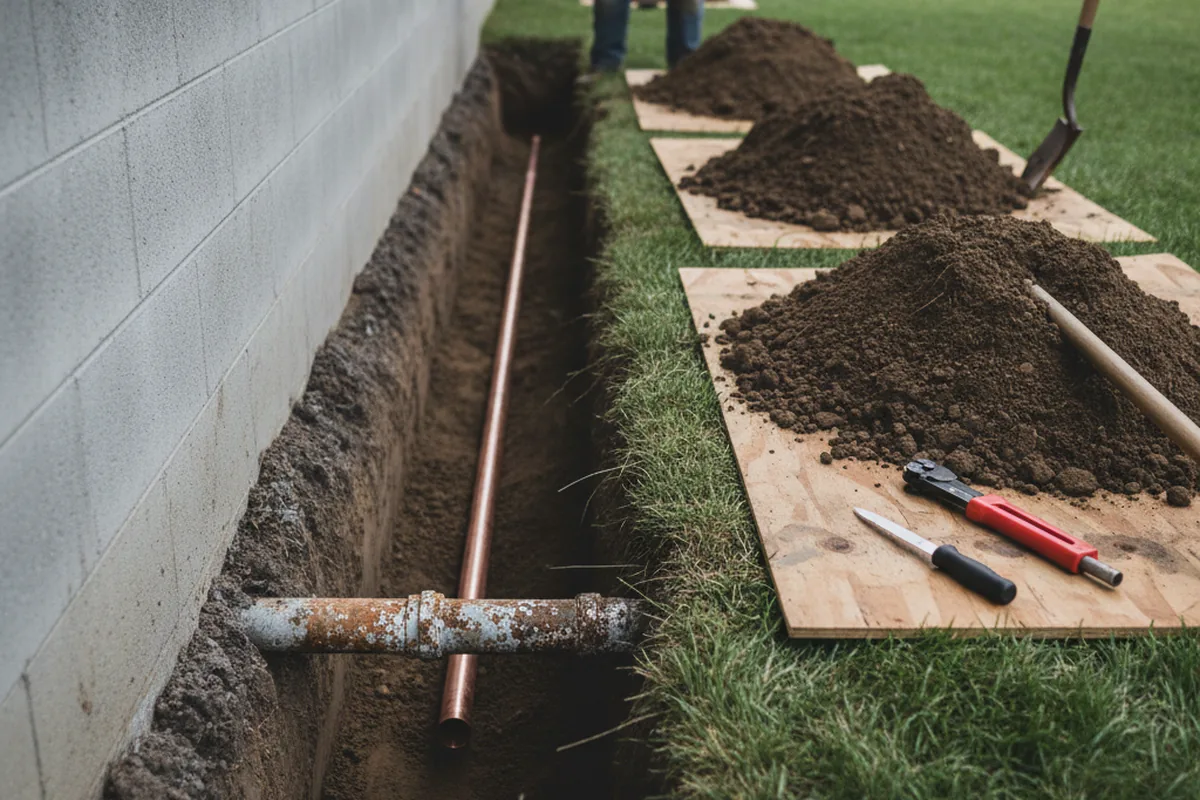 Excavated water line trench during Water Softener Installation in Coalfield